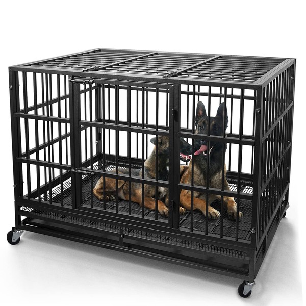 WOKEEN 48/38 Inch Heavy Duty Dog Crate Cage Kennel with Wheels, High Anxiety Indestructible, Sturdy Locks Design, Double Door and Removable Tray, Extra Large XL XXL