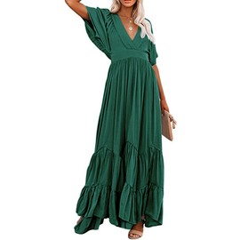 CHARTOU Women's Boho Ruffle Sleeve Flowy Maxi Dress Lace Up Back Tiered Party A Line Dress (XX-Large,Green)