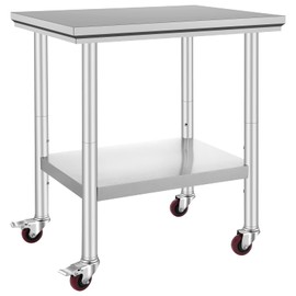 Happybuy Stainless Steel WHappybuy Stainless Steel Work Table 30" x 24" x 33", 700 lbs Capacity, Heavy-Duty Food Prep Table with 4 Wheels, Adjustable Height for Commercial Kitchen, Silver