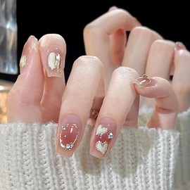 Press On Nails Medium Square Stick On Nails with Heart and rhinestones Designs Coffin Shape Full Cover Reusable False Nails with Glue Artificial Fingernails Acrylic Fake Nails for Women Glue On Nails
