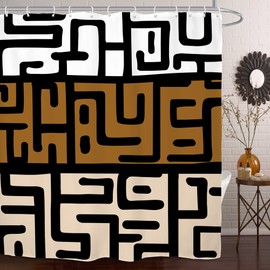 Yookeb - Cortina de ducha de baño geométrica abstracta color café, 60 W x 71 H (60 W x 71 cm), diseño moderno de fango, estilo bohemio, neutro, tela de poliéster tribal, étnico, 12 ganchos de