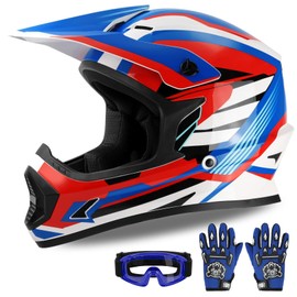 XFMT Kids Dirt Bike Helmet Youth Motorcycle Helmet DOT-Certified Full Face Helmets for Motocross ATV Off-Road Street Bike with Goggles & Gloves, Red White and Blue Large