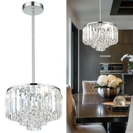 Cargifak Crystal Chandelier, 4-Tier Modern Chandelier with Polished Chrome Finish, Pendant Light for Dinning Room Kitchen Island Bedroom Entryway, CC4215-3W-PC