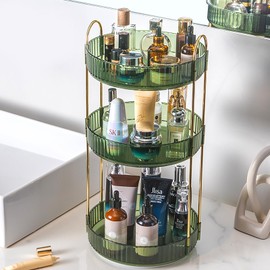 Zufudo Rotating Makeup Organizer 3 Tier Lazy Susan Trays Skincare Perfume Organizer for Bathroom Counter Vanity, Green Gold