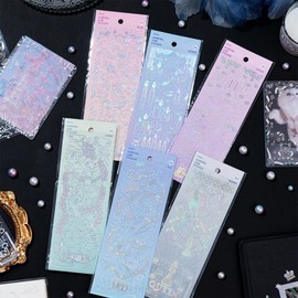 12 Sheets Holographic Kpop Deco Stickers for Photocards Cute Korean Stickers Self Adhesive Clear Glitter Y2K Stickers Stars Heart Ribbons Decals for Headphones Journal Scrapbook Craft Album DIY