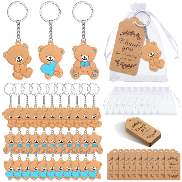 120 Pcs Bear Baby Shower Favors Bear Party Favors, Cute Bear Keychain with Organza Bags Thank You Kraft Tags and Rope for Guests Girls Boys Birthday Party Supplies Decorations (Blue, Cute)