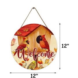 Welcome Fall Cardinal Front Door Sign, Autumn Red Bird Wood Door Hanger Outdoor Outside Porch Decor, Thanksgiving Farmhouse Wooden Wreath Indoor Wall Hanging Decoration 12x12 Inch