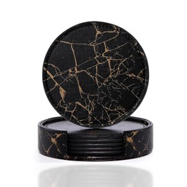 Black Marble Pattern Coasters for Drinks,Round PU Leather Coaster with Holder,6 PCS Heat - Resistant Beverage Cup Mat-Fancy Decor for Kitchen,Office,Dining Room Table - Drink Protector