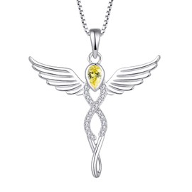 FJ Infinity Angel Wings Necklace 925 Sterling Silver Guardian Angel Pendant Citrine Necklace November Birthstone Jewelry Gifts for Women