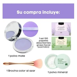 Polvo Matificador Lavanda Mineral Brocha Papel Absorbente Kit 4pz Neutro