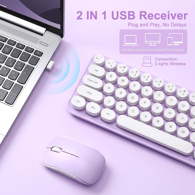 MIKIBY i68 Wireless Typewriter Keyboard and Mouse Combo,Purple Keyboard with