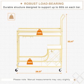 Vividwood Gold Bar Cart with Wine Rack and Glass Holder, 2 Tier Bar Serving Carts with Wheels for The Home Kitchen Dining Room