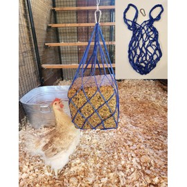 Muzzys Blue Chicken Coop Flock Block Bird Seed Hanging Bag Veggie Treat Holder - Poultry Feeder Toy Accessories Cabbage Bowl Sack