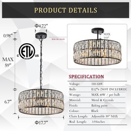 CATINER Black Crystal Chandelier 6-Lights Crystal Pendant Light Large 18 Inches Drum Semi Flush Mount Ceiling Lights for Dining Room Living Room Kitchen Closet
