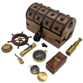 Handmade Wooden Pirate Treasure Chest with Lock & Key - Includes Nautical Accessories: Compass, Spyglass, Captain's Whistle, Ship Wheel, Hourglass, and More (Medium 11 x 6 x 6.75)