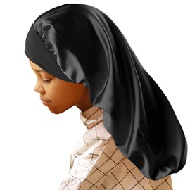 Geatremy - Gorro largo de satén sedoso de doble capa para dormir, gorro de satén para cabello rizado, gorro de dormir para niños y niñas, color negro