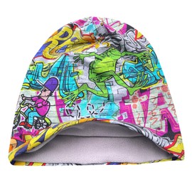 Wollhuhn Eco Warm Winter Boys/Girls/Children Long Beanie Hat with Fleece Lining Various Designs (Made of Eco Fabrics, Organic) 20220666 (Graffiti Grey/Colourful, M), Graffiti grey/multi-coloured