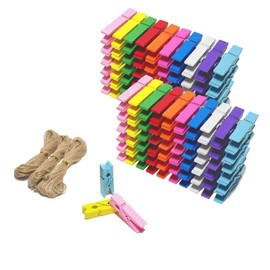 CUWELT 250pcs Colourful Mini Wooden Pegs, 3.5CM Mini Colored Wooden Clips, Wooden Clothespins with 30m Jute Twine String for Decorative Photo Paper Wall DIY, Tiny Pegs for Arts & Crafts Wedding Party
