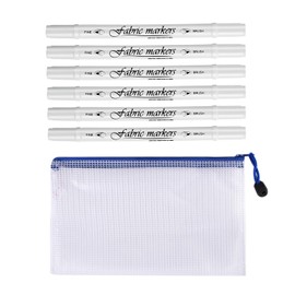 OAAO Set of 6 Double-Ended White Textile Painting Pens with 1 B6 Pencil Case for Permanent Writing and Drawing on Textiles, Lightfast and Waterproof Pens for Textile Paints.