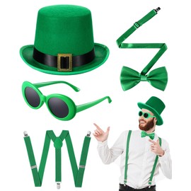 Cozypower Set of 4 St. Patrick's Day Irish Leprechaun Costume Green Top Hat Retro Sunglasses Bow Tie Suspender Strap for Cosplay Spirit Week