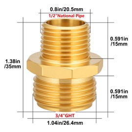 YELUN Garden Hose Adapter Fittings Solid brass Connectors Hose conversion pipe connection 3/4" GHT Male to 1/2" NPT Male (2 Pcs)