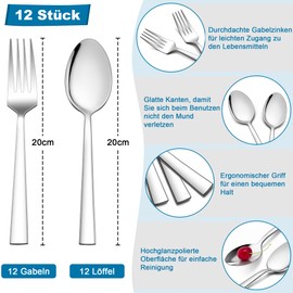 Forks and Spoons Set, HaWare 12-Piece Stainless Steel Dinner Spoons and Table Forks Set, Modern & Elegant Cutlery Set for Home/Restaurant/Kitchen, Highly Polished & Dishwasher Safe - 20 cm