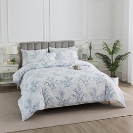 Puralens Blue Floral Duvet Cover King Size Set 100% Percale Cotton Zipper Reversible Flower Leaf Print Boho Bedding Extra Soft Vintage Bed Cover Unique Natural White Comforter Cover Set 3Pcs