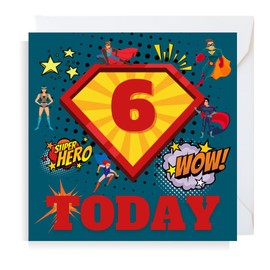Second Ave Superhero 6th Birthday Age 6 Square Children's Kids Birthday Greeting Card for Boy or Girl