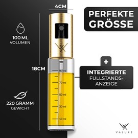 VALUXE® Premium Ölsprüher Gold – Das ORIGINAL - Extrem präzise Öl-Sprühflasche aus Edelstahl und Glas - Multifunktionale Ölspender Sprühflasche -Stylische und Coole Küchen Gadgets