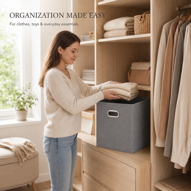 Foldable Fabric Storage Cube Bin with Metal Handles, Gray