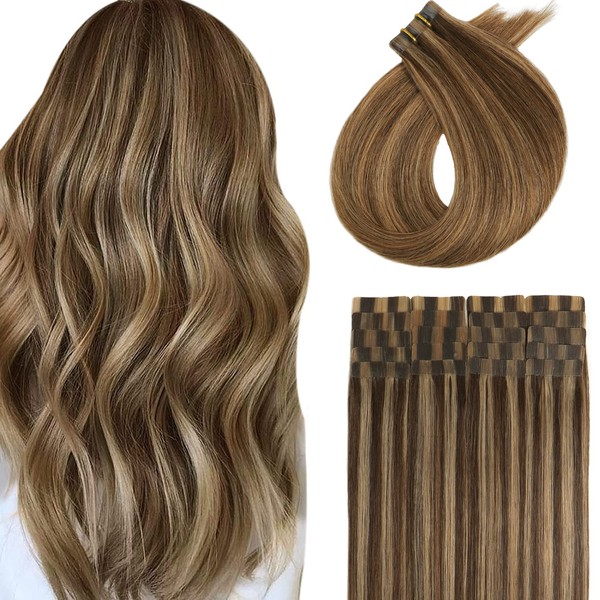 Tape In Hair Extensions Real Human Hair Extensions #Dark Brown Highlights with Caramel Blonde 20pcs 30g 14inch Piano Colors Soft Straight Weft 100% Real Hair Extensions Tape Ins 14inches (#P4/27-14)
