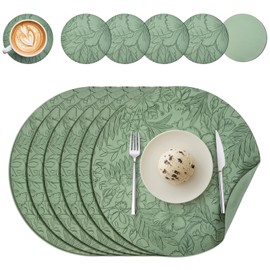 Round Placemats and Coasters Set of 6, Floral Leather Table Place Mats 34cm Dual Sided Placemats Non-Slip Heat Resistant Placemats Kitchen Coffee Table Mats Washable (Green)