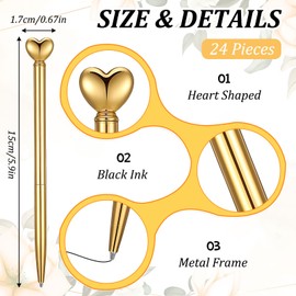 24 Pcs Heart Pens Retractable Metal Cute Pens 1.0 mm Black Ink Ballpoint Decorative Engagement Gifts for Women Wedding Bridal Shower Sleepover Party(Gold)