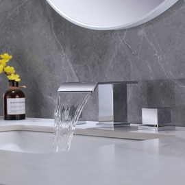 TapLong Solid Brass Modern Waterfall Bathroom Basin Faucet 3 Holes 2 Square Handles Bathroom Sink Faucet, Chrome Finish