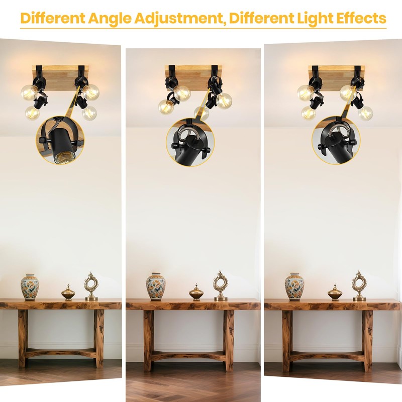 SEEBLEN Farmhouse Wooden Flush Mount Ceiling Lamp,4-Light Directional Ceiling Spotlight