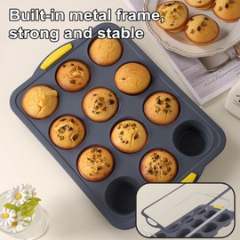 YUNYDSM Muffin Pan, Cupcake Pan, Set of 2, 12-Cup Muffin Tin, Non-Stick Bakeware, Easy to Release and Clean, Baking Molds, Muffin Tray, Molds for Homemade Cupcakes & Muffins (Blue silicone)