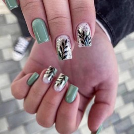 24Pcs Press on Nails Medium Short Square French Tip with Green Gold Leaf Design Acrylic Nails Fake Nails Thick Glossy Full Cover Glue on Nails Stick on Nails for Women JP1681