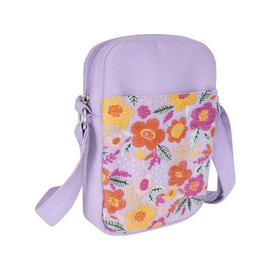 SKAPADORO Girls Ladies 100% Cotton Embroidery Zipper Pocket Canvas Mobile Crossbody Bag Adjustable Strap Compact Everyday Bag Floral (Lilac), Lilac, Lilac, lilac
