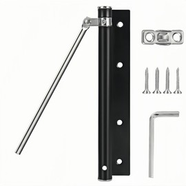 Automatic Door Closer, 150 Degree Opening Angle Safety Spring Self Closing Hinge, Adjustable Catch Speed Closure, Auto Doors Top Latch Soft Close, Stainless Steel, with Force Arm, Screws and Wrench