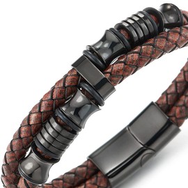 COOLSTEELANDBEYOND Men Double-Row Rough Rusty Brown Braided Leather Bracelet Bangle Wristband with Black Steel Ornament
