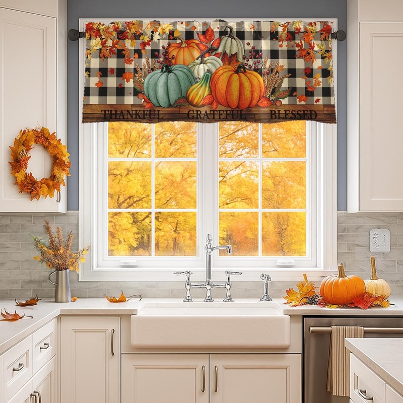 Nesphy Valances for Windows, 2 Pack, 52x18 Inch, Pumpkins Plaid