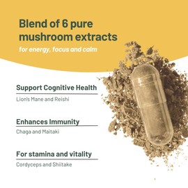 6 Mushroom Supplement Including Lions Mane Supplement High Strength Capsules. Mushroom Complex with Lion's Mane, Reishi, Chaga Mushroom Powder, Shitake, Cordyceps & Maitake. 120 Count.