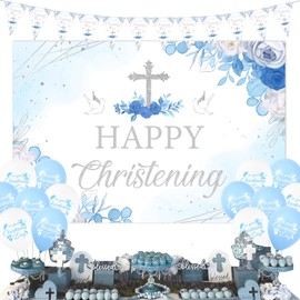 Sursurprise Christening Decorations Blue for Boys, Happy Christening Backdrop, On Your Christening Day Banner, First Holy Communion Baby Shower Baptism Party Supplies