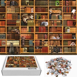 Cats Library Jigsaw Puzzle, 1000+ Piece Funny Kitten Bookshelf Puzzles, Challenging Animal Pet Lover Gifts for Friends & Family Activity Game Nights