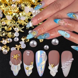 200Pcs Summer Beach Nail Charms 3D Starfish Seashell Nail Rhinestones Ocean Style Nail Art Rhinestones Gold Nail Gems and Charms Flat Back Pearl Nail Jewelry for Women Nail Crafts Clothes Accessories