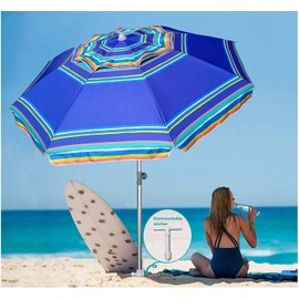 AMMSUN AMMSUN 7ft Heavy Duty High Wind Beach Umbrella Parasols with sand anchor & Tilt Sun Shelter, UV 50+ Protection Outdoor Sunshade Umbrellas Carry Bag for Patio Garden Pool Backyard Stripe Blue