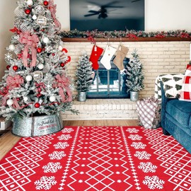 Christmas Red and White Area Rug - 4' x 6' Outdoor Front Door Decor Door Mat Cotton Washable Hand-Woven Rug Doormat Christmas New Year Holiday Entryway Porch Kitchen Living Room Bedroom