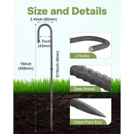Alffun 16 Inch Rebar Stakes, 8 Pcs Metal Stakes for Ground Heavy Duty J Hook, 5/16" Diameter Chain Link Fence Stake Garden Ground Stake for Camping, Inflatables, Canopies, Swing Sets