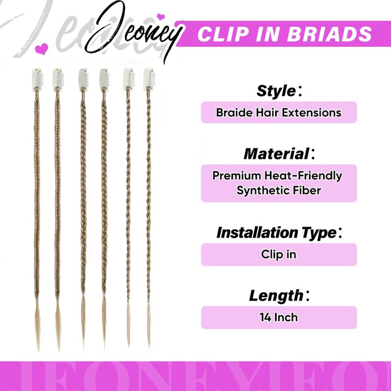 6PCS Braided Hair Extensions, 14 Inch Clip in Synthetic Braid