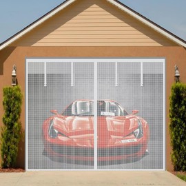 Magnetic Garage Screen Door for 1 Car Garage Doors up to 9x7FT- Reinforced Self Sealing Fiberglass Mesh Door Screen with 4 Strapping Tapes, Hands Free Door Screen with Closure Weighted Bottom, White